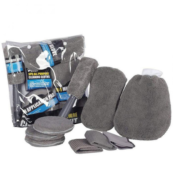 New 9Pcs Microfibre Car Wash Cleaning Tools Set Gloves Towels Applicator Pads Sponge Wheel Brush Kit