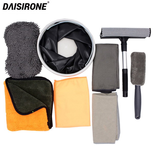 Car Cleaning And Drying Set Include Foldable Bucket Microfiber Wash Brush Drying Detailing Towel Waxing Towel Chenille Sponge