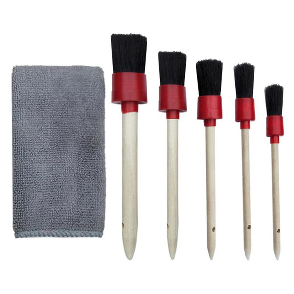 5pcs Natural Boar Hair Car Air Vent Detailing Cleaning Brushes+Towel Set