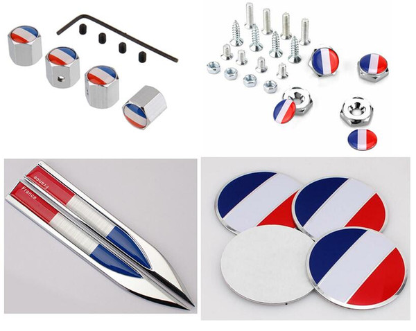 Car styling France Flag Logo Anti-theft Tire Valve Caps License Plate Screws bolt Wheel cover labeling Side wings stickers National Flag