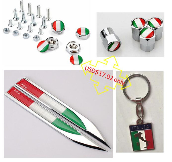 Car styling Auto sparts Italy Flag Logo Wheel Tire Valve Caps License Plate Screws bolt Side wings stickers Keychain Italian banner