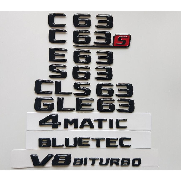 Gloss Black 3D Emblems W204 W205 Coupe C63 W212 W213 E63 W222 S63 CLS63 GLC63 GLE63 AMG 4MATIC V8 BITURBO