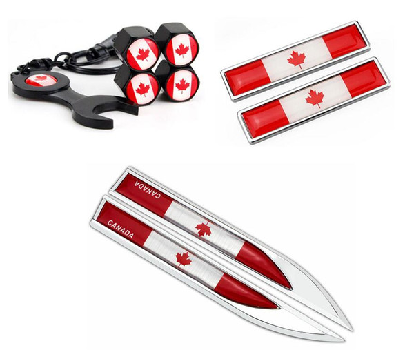 Car styling Canada Flag Logo Spanner keychain Tire Valve Caps Side wings stickers New pair metal Stickers emblem Canadian flag Maple leaf