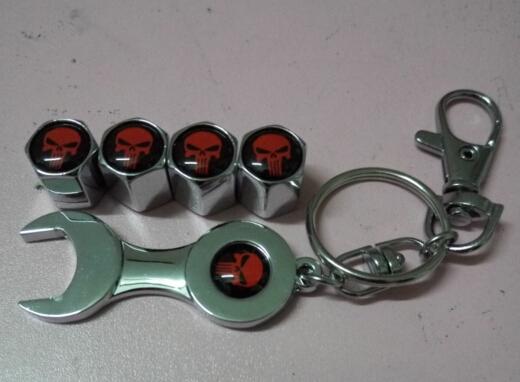 Car Wheel Tire Valve Caps with Mini Wrench & Keychain Spanner for Punisher Symbol Skull head (4pcs/Pack)