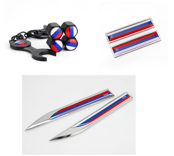 Car styling Russian Flag Logo Spanner keychain Tire Valve Caps Side wings stickers New pair metal Stickers emblem RU National Flag