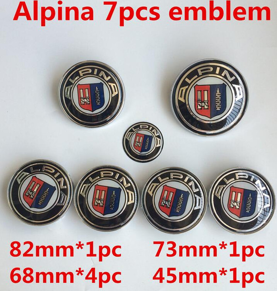 7pcs New Car Styling 82/74/68/45mm M Alpina Blue White Black White Front Hood Rear Boot Steering Wheel Caps Badge Emblem