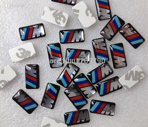 Wholesale-100pcs/lot, New Car styling M small Decorative Badge Hub caps Steering wheel Car Emblem Sticker 17.4 X 9.4 mm