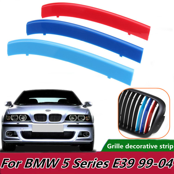 3pcs Car Front Grill Sport Stripes Motorsport Power Stickers for BMW E39 1999-2004 Grille Trim Fasten Tri-Color Strips Covers