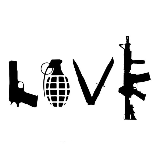 12.7*7.5CM LOVE With Guns Grenade Hand Gun And Knife Decal Vinyl Car Sticker Black/Silver CA-1294