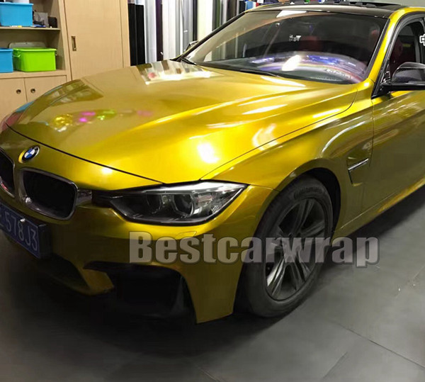 gold yellow Gloss Candy Metallic Vinyl WRAP Whole Car Wrap With Air bubble free Low tack glue initial 3M quality 1.52x20m/Roll( 5x65ft