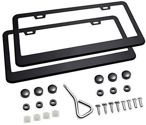 2Pcs 2 Holes Matte Aluminum Black License Plate Frame with Screw Caps Car Licenses Plate Covers Holders for US Vehicles