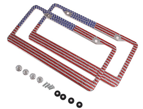 Car Stainless Steel American Flag License Plate Frame Holder Silver Diamond Bling Glitter Crystal Rhinestone pattern For USA American Canada