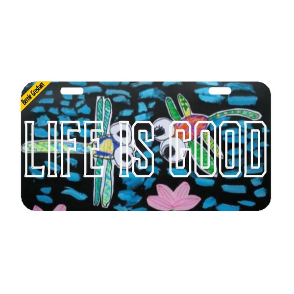 Bernie Gresham License Plate Cover Life is Good two dragonflies Metal License Plate Cover Decorative Car License Plate