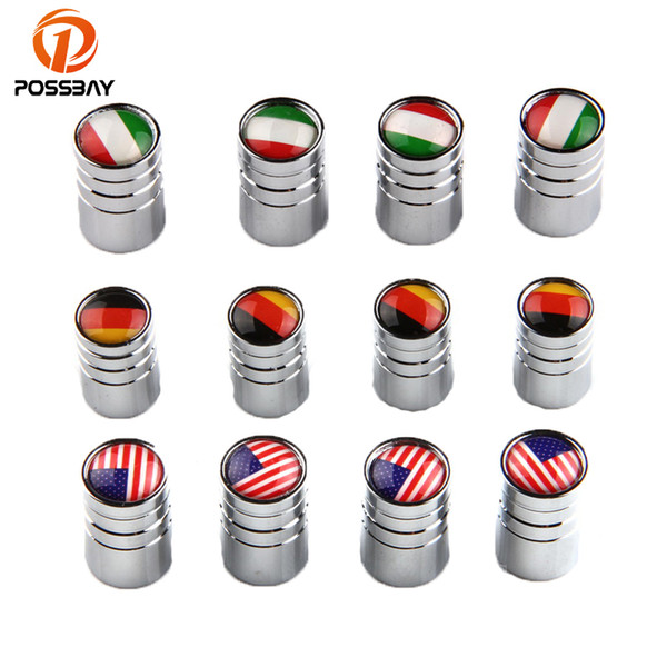 POSSBAY4 Pcs Car Wheel Airtight Cover Tyre Tire Stem Air Valve Caps Silver UK US Italy France German Flag Car Wheel Decoration