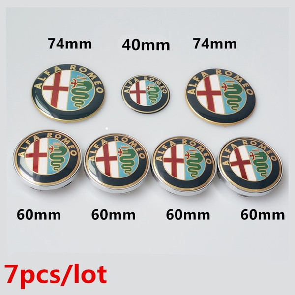 7pcs new 74mm ALFA ROMEO full set Car Badge sticker Front Hood+Rear Emblem+60mm Wheel Hub Cap+40mm steering wheel sticker