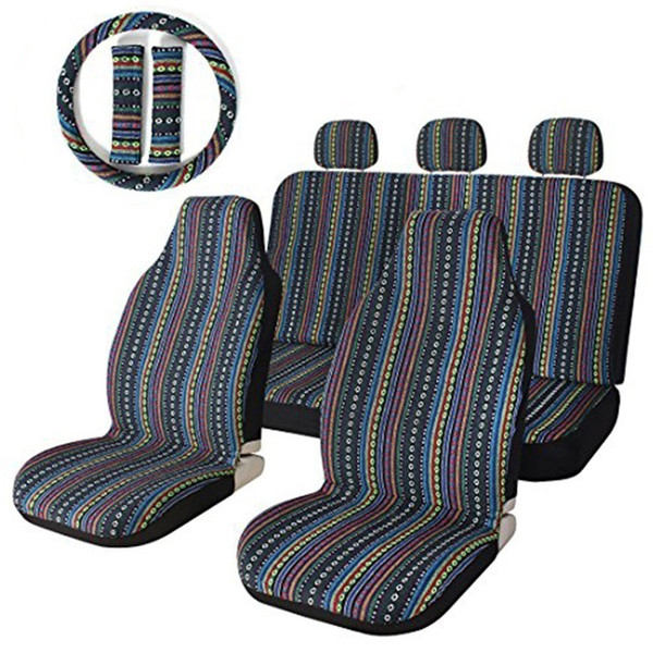 Car Seat Covers Set High Quality Stripe Colorful Seat Cover Baja Blue Saddle Blanket Weave Universal Bucket Seat Covers with Steering Wheel