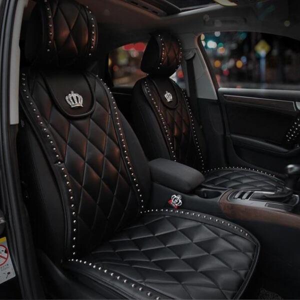 CARSHAPING 1Pcs Durable Soft Leather Material Crown Car Interior Seat Cover Cushion Pad Mat Crown Auto Supplies (Black White)