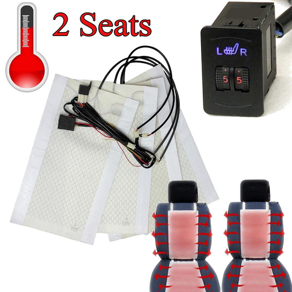 Freeshipping 2 Seats 4 Pads Universal Carbo n Fiber Heated Seat Heater 12 V Pads 2 Dial 5 Level Switch Winter Warmer Seat Covers