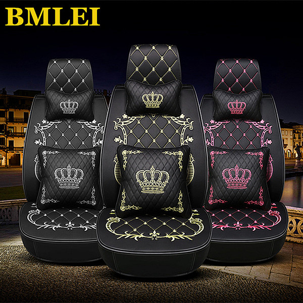 Leather Front Back Car Seat Cover Set Crown Auto Interior Seat Cushion Accessories Universal Car Styling for women girl ladies