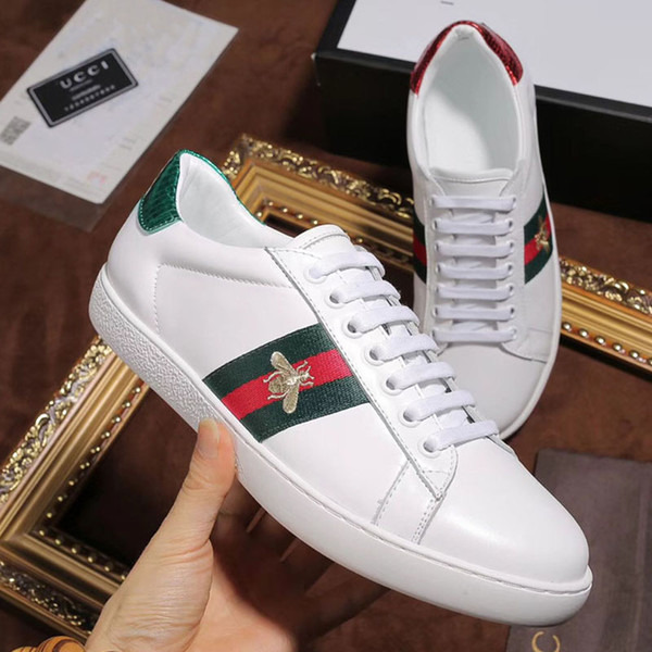2020 Fashion Mens White Shoes Luxury Triple Black White Red Leather Casual Shoes Vintage Star Stripe Snake Bee Sneakers platform trainers