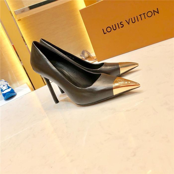 Fashion designer ladies high heels stiletto dress shoes calfskin leather bottom metal copper head size 35-40 with height 10cm