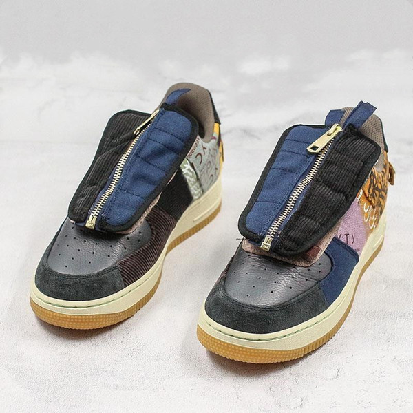 2020 New Arrival Travis Force One Classic 1 1s Skateboarding Men Shoe Velvet Multi Color Stitching Zipper Mens Women Casual Shoes