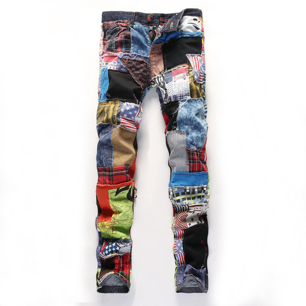 Motorcycle Moto Men's Fashion Ripped Jeans with Patches Motorcross Denim Printed Pants Motorbike Slim Painted Trousers