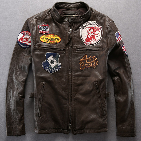 AVIREX AERONAUTICS man's leather jacket The badges motorcycle clothing calfskin leather the flight suit punk style slim fashion jacket