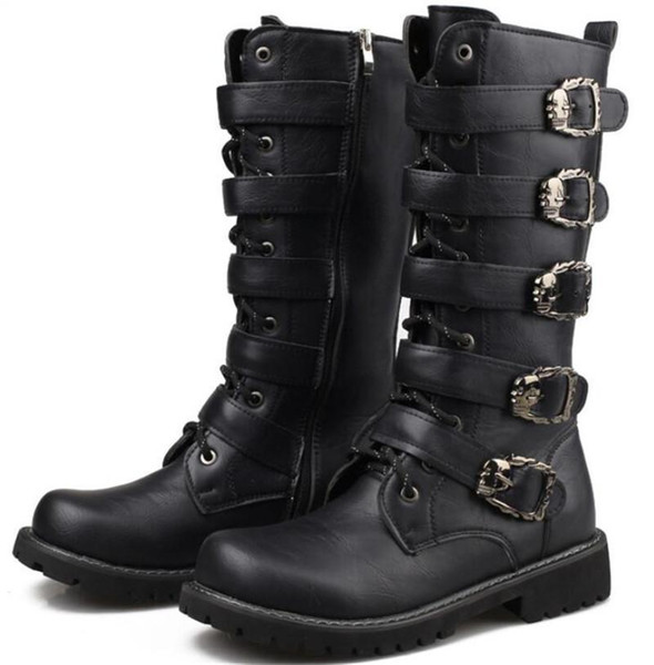 Motorcycle Boots Men Motocross Boots Motorcycle Shoes PU Leather Rock Mid-calf Buckle Motorbike Punk Martin Black