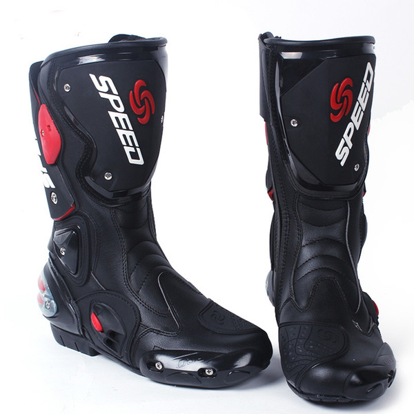 SPEED Motorcycle Boots Moto Racing Motocross Wear-resistant Leather Racing Motorbike Shoes Black/White/Red Riding shoes