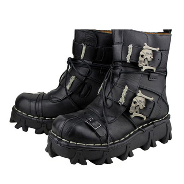 New Motorcycle Boots Men Retro Genuine Cowhide Leather Skull Punk Martin Shoes Steampunk Biker Riding Moto Boots Protective Gear