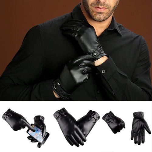 Fashion Male PU Leather Gloves Full Finger Mens Motorcycle Driving Winter Keep Warm Touch Screen Mittens New Black