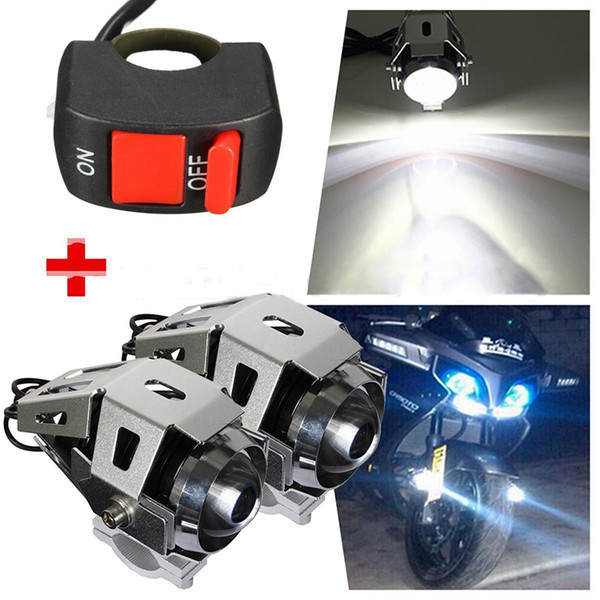 Mayitr 2PCS Motorcycle U5 LED Headlight 125W 3000LM Spot Waterproof Driving Fog Light White Lamp + Pit Bike Kill ON-OFF Switch