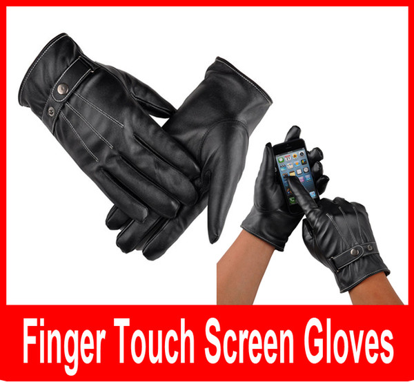 Cool Black Leather Winter Outdoor Cycling Motorcycle Men Full Finger Touch Screen Warm Gloves For Iphone Ipad Mobile