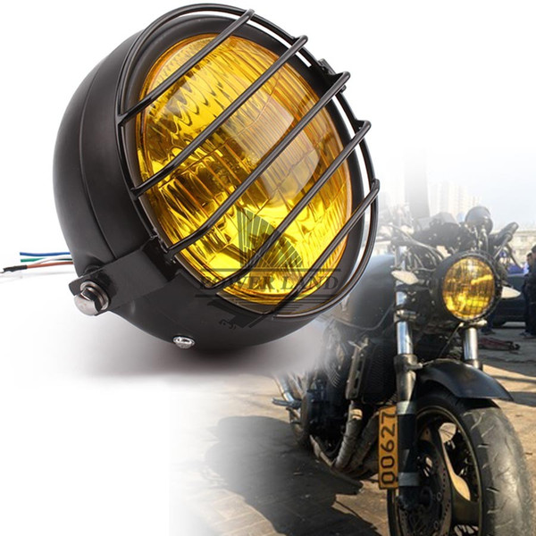 Motorcycle Black Metal Retro 12V Hi/Low Bean Blub Yellow Lens Front Headlight+Grill Mask For Honda CB100 CB125S CL GN125 CG125