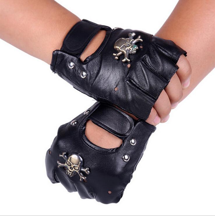 Free Shipping Brand Leather Motorcycle Motorcross Racing Gloves Half Fingers Pirate skull rivet Punk Gloves