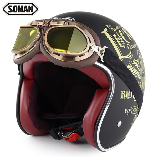 Soman Retro Motorcycle Helmet with Goggles Vintage Scooter Helmet Motor Bike Riding Capacetes Motorbike Casque Moto Casco DOT Approval SM512