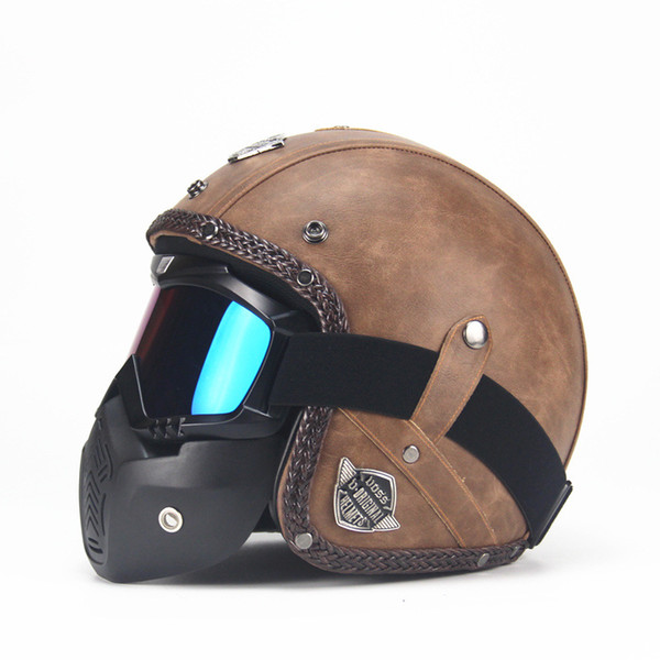 PU Leather Helmets 3/4 Motorcycle Chopper Bike helmet open face vintage motorcycle helmet with goggle mask