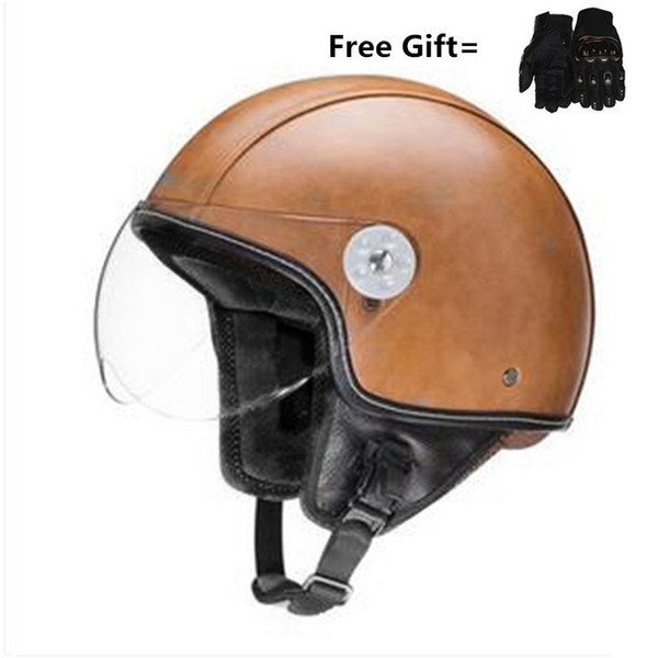 Brown New Synthetic Leather Motorcycle Helmet Retro Vintage Cruiser Chopper Scooter Cafe Racer Moto Helmet 3/4 Open Face