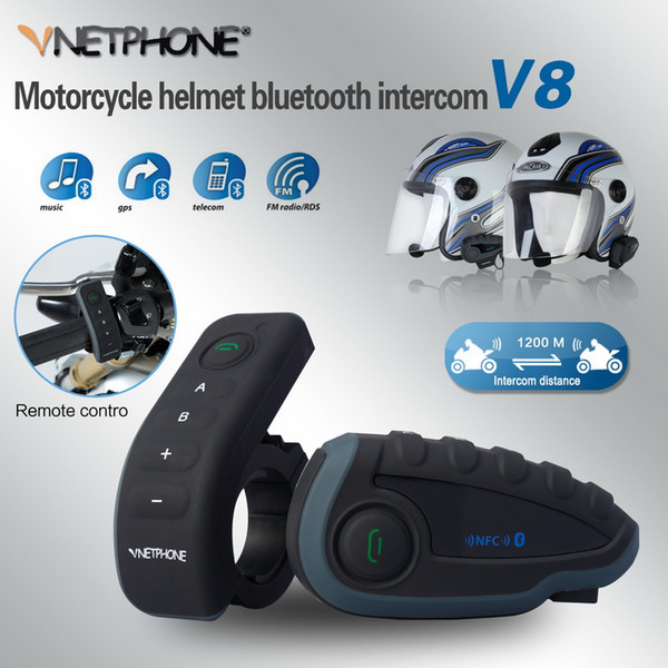 V8 BT Interphone with Remote Controller FM NFC 5 Riders Bluetooth Motorcycle Intercom 1200M Intercomunicador V8 motos