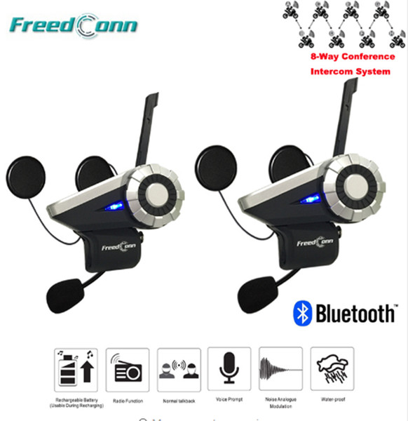 2pcs Full Duplex Motorcycle Group Talk System 1500M 8-Way BT Interphone FM Radio Bluetooth Helmet Intercom Headset Freedconn T-Rex