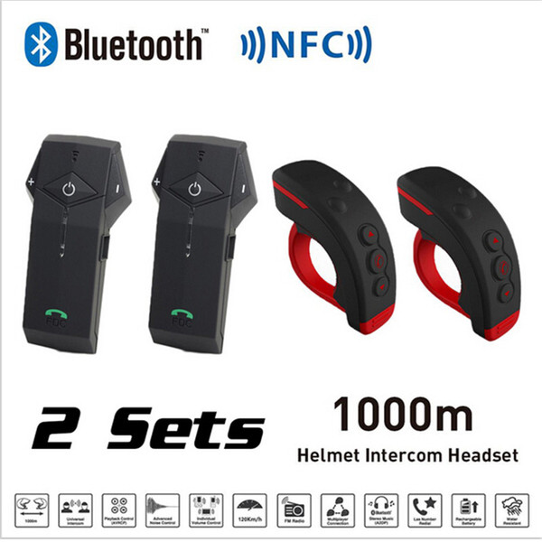 2 Sets Black red 1000M BT Motorcycle Helmet Bluetooth Intercom Interphone Headset with NFC FM Functon + L3 Remote Control