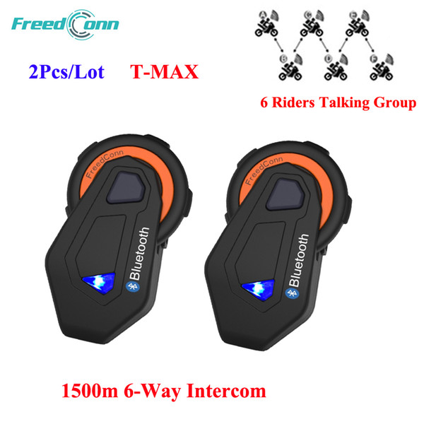 2Pcs/Lot Freedconn T-max Intercom 1500m Motorcycle Helmet Intercom Headset 6 Riders Group Talking BT Bluetooth Helmet Interphone Headsets