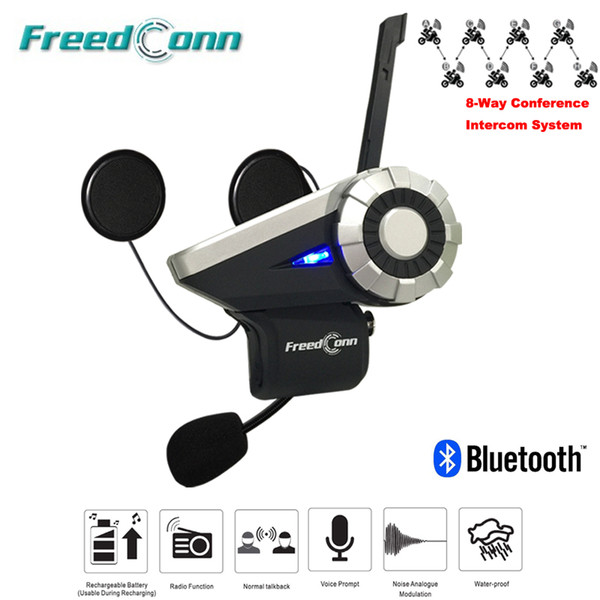 Freedconn 1500M 8-Way Full Duplex Motorcycle Group Talk System BT Interphone FM Radio T-Rex Bluetooth Helmet Intercom Headsets