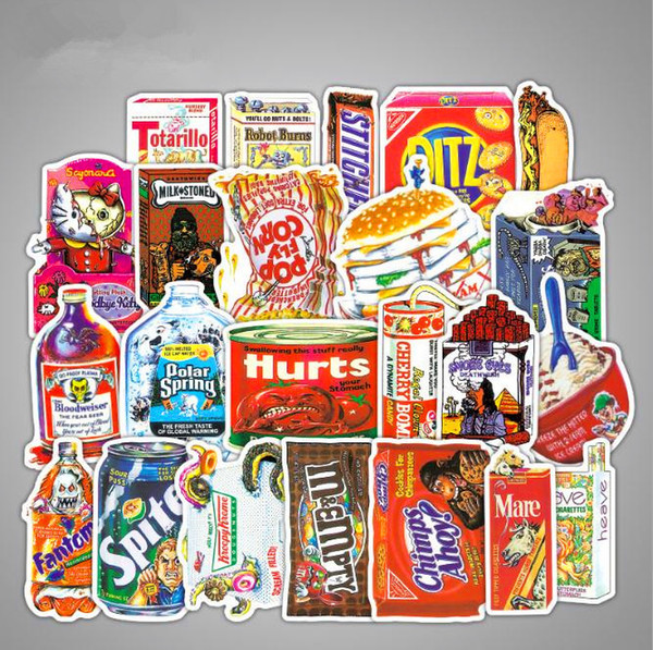 38pcs/lot Spoof Food Drinks Packaging Stickers for Skateboard Laptop Luggage Fridge Phone Car-Styling doodle American car Sticker