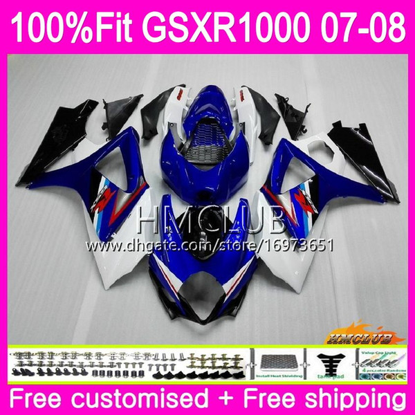 Injection Bodys For SUZUKI GSXR-1000 GSXR 1000 07 08 Bodywork Hot Blue white 12HM.11 GSX-R1000 GSXR1000 07 08 K7 GSX R1000 2007 2008 Fairing