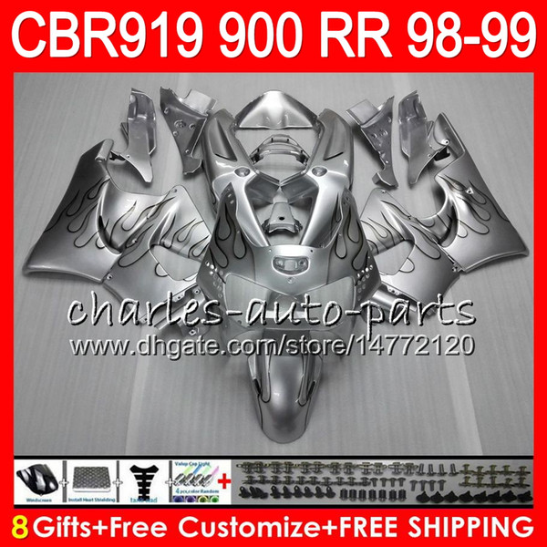 Body For HONDA CBR 919RR CBR900RR CBR919RR 1998 1999 68NO23 Silver flames CBR 900RR CBR919 RR CBR900 RR CBR 919 RR 98 99 Fairing kit 8Gifts