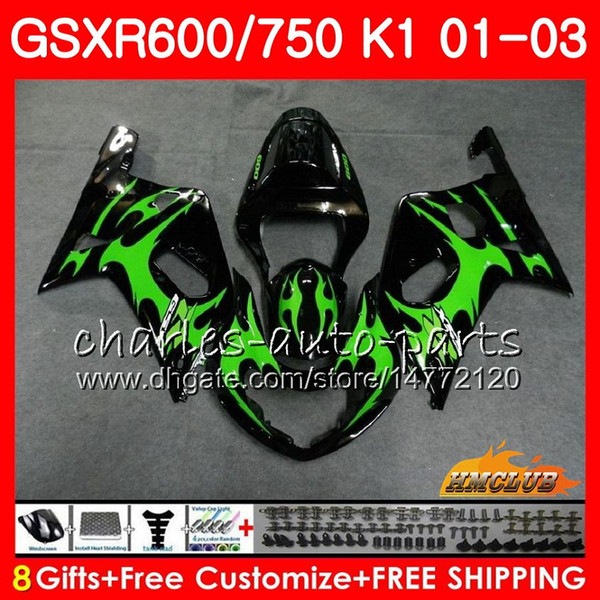 8Gifts Body For SUZUKI GSXR600 GSX R750 K1 GSXR-600 GSX-R750 4HC.40 GSXR750 GSXR 600 750 01 02 03 2001 2002 2003  Green flames Fairing kit