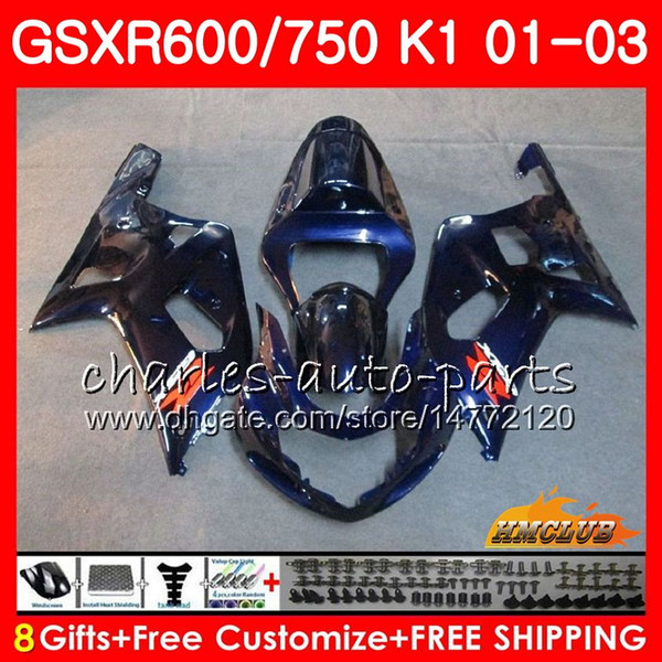 8Gifts Body For SUZUKI GSXR600 GSX R750 K1 GSXR-600 GSX-R750 4HC.35 GSXR750 GSXR 600 750 01 02 03 2001 2002 2003 ALL Dark blue Fairing kit