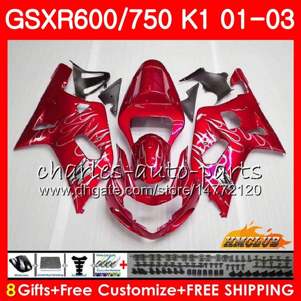 8Gifts Body For SUZUKI GSX-R750 GSXR 600 750 GSXR600 01 02 03 4HC.55 GSXR-600 K1 GSX R750 Pearl Red stock GSXR750 2001 2002 2003 Fairing kit